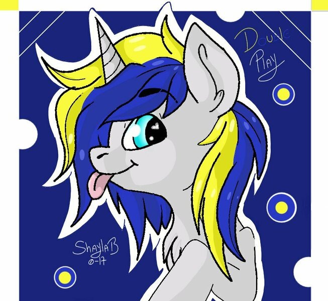 Size: 784x720 | Tagged: safe, artist:_wulfie, derpibooru import, oc, oc:double play, unofficial characters only, pony, unicorn, abstract background, chest fluff, ear fluff, horn, male, smiling, solo, stallion, text, tongue out, unicorn oc