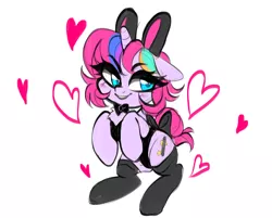 Size: 1706x1369 | Tagged: suggestive, artist:techycutie, derpibooru import, oc, oc:techy twinkle, pony, unicorn, bedroom eyes, blushing, bow, bowtie, bunny ears, bunny suit, clothes, heart, sexy, simple background, socks, solo, tail bow