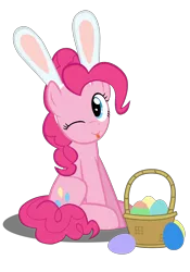 Size: 4134x5906 | Tagged: safe, artist:mrkat7214, derpibooru import, pinkie pie, earth pony, pony, :p, absurd resolution, basket, bleb, bunny ears, cute, diapinkes, easter, easter egg, female, holiday, looking at you, mare, mlem, one eye closed, silly, simple background, sitting, solo, tongue out, transparent background, vector, wink, winking at you