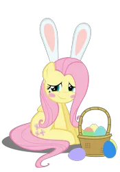 Size: 4134x5906 | Tagged: safe, artist:mrkat7214, derpibooru import, fluttershy, pegasus, pony, absurd resolution, basket, blushing, bunny ears, cute, daaaaaaaaaaaw, easter, easter egg, female, holiday, looking at you, shyabetes, simple background, sitting, smiling, smiling at you, solo, transparent background, vector