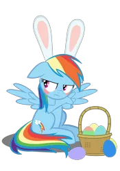 Size: 4134x5906 | Tagged: safe, artist:mrkat7214, derpibooru import, rainbow dash, pegasus, pony, absurd resolution, basket, blushing, bunny ears, crossed arms, cute, dashabetes, easter, easter egg, female, floppy ears, holiday, rainbow dash is not amused, simple background, sitting, solo, spread wings, transparent background, tsunderainbow, tsundere, unamused, vector, wings