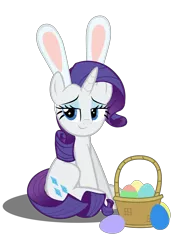 Size: 4134x5906 | Tagged: safe, artist:mrkat7214, derpibooru import, rarity, pony, unicorn, absurd resolution, basket, bedroom eyes, bunny ears, cute, easter, easter egg, female, holiday, looking at you, mare, raribetes, rarity being rarity, simple background, sitting, smiling, smirk, solo, transparent background, vector