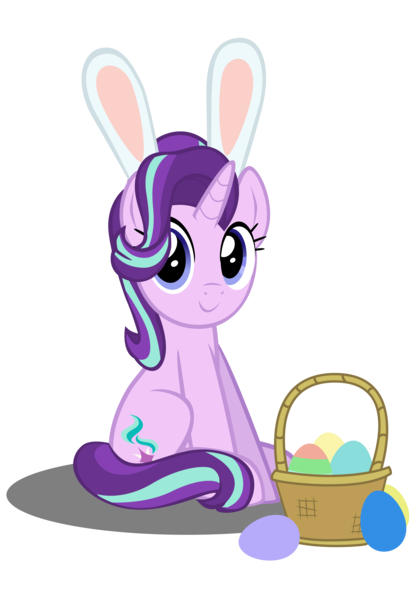 Size: 4134x5906 | Tagged: safe, artist:mrkat7214, derpibooru import, starlight glimmer, pony, unicorn, absurd resolution, basket, bunny ears, cute, easter, easter egg, egg, female, glimmerbetes, holiday, simple background, sitting, solo, transparent background, vector