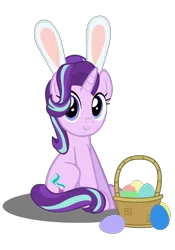 Size: 4134x5906 | Tagged: safe, artist:mrkat7214, derpibooru import, starlight glimmer, pony, unicorn, absurd resolution, basket, bunny ears, cute, easter, easter egg, egg, female, glimmerbetes, holiday, simple background, sitting, solo, transparent background, vector