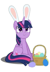 Size: 4134x5906 | Tagged: safe, artist:mrkat7214, derpibooru import, twilight sparkle, twilight sparkle (alicorn), alicorn, pony, absurd resolution, basket, bunny ears, cute, easter, easter egg, female, holiday, looking at something, simple background, sitting, smiling, solo, transparent background, twiabetes, vector