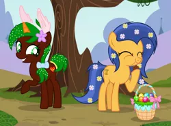 Size: 1280x948 | Tagged: safe, artist:razorbladetheunicron, derpibooru import, oc, oc:lanoga, oc:razor blade, unofficial characters only, earth pony, pony, unicorn, base used, basket, bow, bunny ears, chocolate bunny, colored horn, confetti, duo, easter, easter basket, easter egg, eating, female, flower, flower in hair, hair bow, headband, holiday, horn, teenager