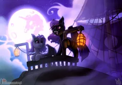 Size: 1300x910 | Tagged: safe, artist:atryl, derpibooru import, oc, unofficial characters only, bat pony, pony, bat pony oc, bat wings, commission, full moon, lantern, moon, open mouth, ship, wings