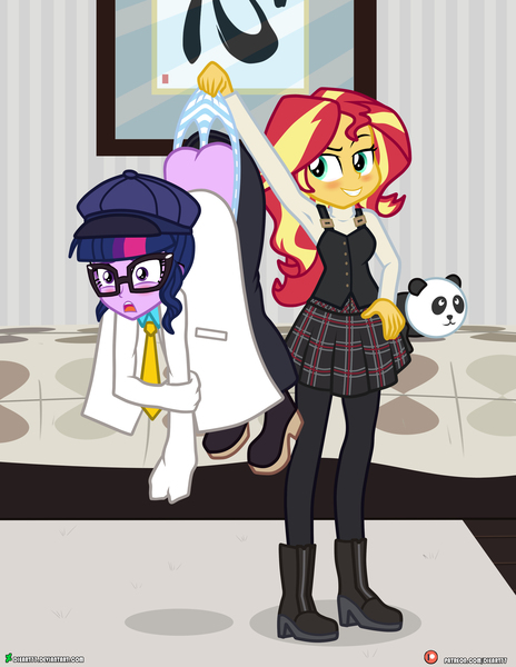 Size: 3090x4000 | Tagged: questionable, artist:dieart77, derpibooru import, sci-twi, sunset shimmer, twilight sparkle, equestria girls, ass, boots, butt, clothes, commission, cosplay, costume, duo, female, females only, panties, plaid skirt, pleated skirt, pulling, shoes, skirt, striped underwear, twibutt, underwear, wedgie