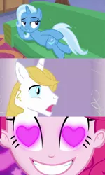 Size: 1200x1996 | Tagged: safe, derpibooru import, edit, edited screencap, screencap, pinkie pie, prince blueblood, trixie, coinky-dink world, eqg summertime shorts, equestria girls, road to friendship, bluetrix, couch, draw me like one of your french girls, female, heart eyes, male, meme, pinkie's eyes, shipping, shipping domino, straight, wingding eyes