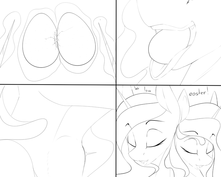 Size: 2500x2000 | Tagged: artist:chapaevv, comic, derpibooru import, duo, easter, egg, holiday, monochrome, princess celestia, princess luna, royal sisters, safe, swallowing, throat bulge