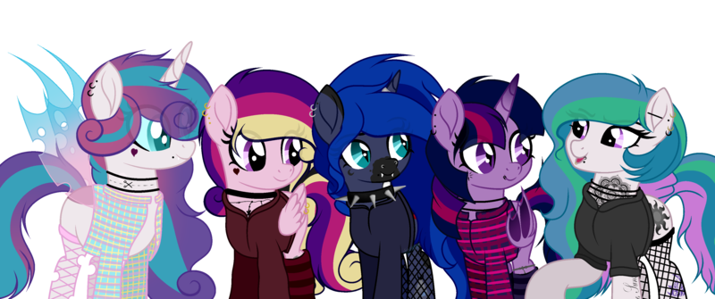 Size: 3500x1466 | Tagged: safe, artist:angelina-pax, derpibooru import, oc, oc:angsty emocore, oc:clausa vera, oc:misanthropy melody, oc:myringa, oc:soprano shadow, unofficial characters only, alicorn, bat pony, bat pony alicorn, changeling, earth pony, pegasus, pony, unicorn, vampire, alicorn oc, band, bat pony oc, bat wings, changeling oc, chinese text, choker, clothes, commission, curved horn, fangs, female, fishnets, flannel, heart, hoodie, horn, horn ring, jewelry, lip piercing, look-alike, markings, messy mane, multicolored hair, necklace, nose piercing, nose ring, not cadance, not celestia, not flurry heart, not luna, not twilight sparkle, piercing, raised hoof, ring, siblings, simple background, sisters, socks, spiked choker, striped socks, tattoo, transparent background, wall of tags, wing piercing, wings, wristband, ych result
