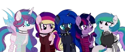 Size: 3500x1466 | Tagged: safe, artist:angelina-pax, derpibooru import, oc, oc:angsty emocore, oc:clausa vera, oc:misanthropy melody, oc:myringa, oc:soprano shadow, unofficial characters only, alicorn, bat pony, bat pony alicorn, changeling, earth pony, pegasus, pony, unicorn, vampire, alicorn oc, band, bat pony oc, bat wings, changeling oc, chinese text, choker, clothes, commission, curved horn, fangs, female, fishnets, flannel, heart, hoodie, horn, horn ring, jewelry, lip piercing, look-alike, markings, messy mane, multicolored hair, necklace, nose piercing, nose ring, not cadance, not celestia, not flurry heart, not luna, not twilight sparkle, piercing, raised hoof, ring, siblings, simple background, sisters, socks, spiked choker, striped socks, tattoo, transparent background, wall of tags, wing piercing, wings, wristband, ych result