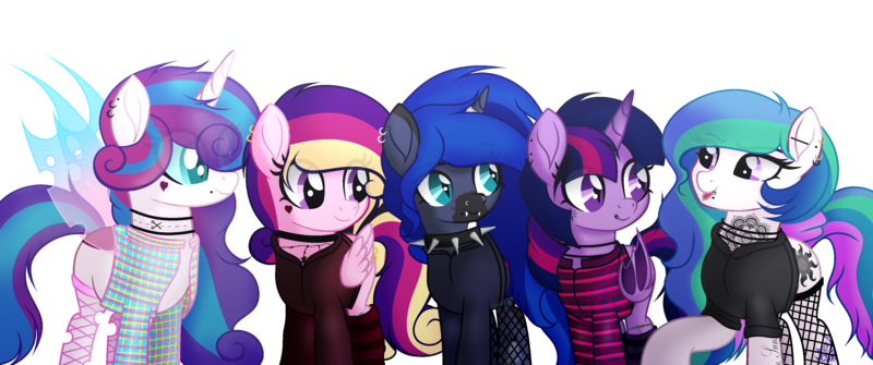 Size: 3500x1466 | Tagged: safe, alternate version, artist:angelina-pax, derpibooru import, oc, oc:angsty emocore, oc:clausa vera, oc:misanthropy melody, oc:myringa, oc:soprano shadow, unofficial characters only, alicorn, bat pony, bat pony alicorn, changeling, earth pony, pegasus, pony, unicorn, vampire, alicorn oc, band, bat pony oc, bat wings, changeling oc, chinese text, choker, clothes, commission, curved horn, fangs, female, fishnets, flannel, heart, hoodie, horn, horn ring, jewelry, lip piercing, look-alike, markings, messy mane, multicolored hair, necklace, nose piercing, nose ring, not cadance, not celestia, not flurry heart, not luna, not twilight sparkle, piercing, raised hoof, ring, siblings, simple background, sisters, socks, spiked choker, striped socks, tattoo, transparent background, wall of tags, wing piercing, wings, wristband, ych result