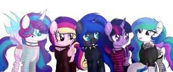 Size: 3500x1466 | Tagged: safe, alternate version, artist:angelina-pax, derpibooru import, oc, oc:angsty emocore, oc:clausa vera, oc:misanthropy melody, oc:myringa, oc:soprano shadow, unofficial characters only, alicorn, bat pony, bat pony alicorn, changeling, earth pony, pegasus, pony, unicorn, vampire, alicorn oc, band, bat pony oc, bat wings, changeling oc, chinese text, choker, clothes, commission, curved horn, fangs, female, fishnets, flannel, heart, hoodie, horn, horn ring, jewelry, lip piercing, look-alike, markings, messy mane, multicolored hair, necklace, nose piercing, nose ring, not cadance, not celestia, not flurry heart, not luna, not twilight sparkle, piercing, raised hoof, ring, siblings, simple background, sisters, socks, spiked choker, striped socks, tattoo, transparent background, wall of tags, wing piercing, wings, wristband, ych result