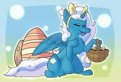 Size: 1024x697 | Tagged: alicorn, alicorn oc, artist:eeveeseeker9, basket, bow, bunny ears, derpibooru import, easter, easter basket, easter egg, egg, eyes closed, female, hair bow, holiday, horn, mare, oc, oc:fleurbelle, safe, wings