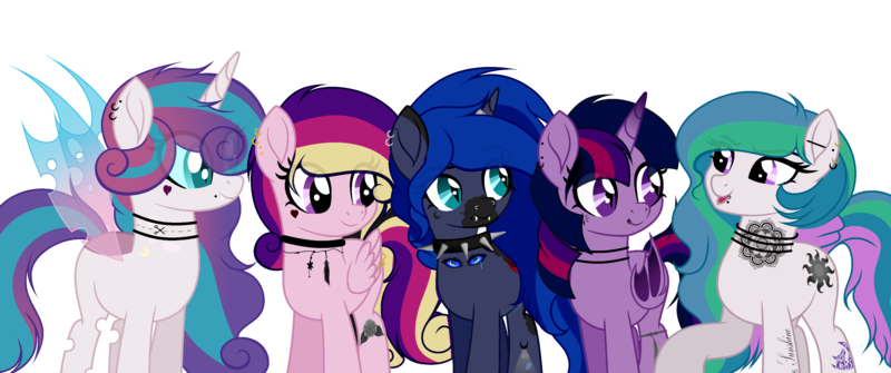 Size: 3500x1466 | Tagged: safe, alternate version, artist:angelina-pax, derpibooru import, oc, oc:angsty emocore, oc:clausa vera, oc:misanthropy melody, oc:myringa, oc:soprano shadow, unofficial characters only, alicorn, bat pony, bat pony alicorn, changeling, earth pony, pegasus, pony, unicorn, vampire, alicorn oc, band, bat pony oc, bat wings, changeling oc, chinese text, choker, clothes, commission, curved horn, fangs, female, heart, horn, horn ring, jewelry, lip piercing, look-alike, markings, messy mane, multicolored hair, necklace, nose piercing, nose ring, not cadance, not celestia, not flurry heart, not luna, not twilight sparkle, piercing, raised hoof, ring, siblings, simple background, sisters, socks, spiked choker, tattoo, transparent background, wall of tags, wing piercing, wings, wristband, ych result