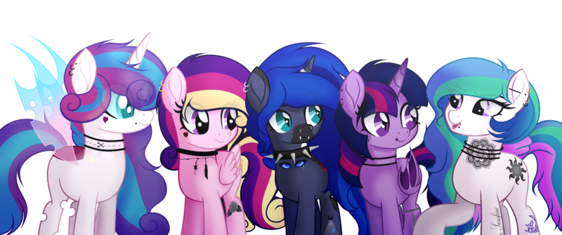 Size: 3500x1466 | Tagged: safe, alternate version, artist:angelina-pax, derpibooru import, oc, oc:angsty emocore, oc:clausa vera, oc:misanthropy melody, oc:myringa, oc:soprano shadow, unofficial characters only, alicorn, bat pony, bat pony alicorn, changeling, earth pony, pegasus, pony, unicorn, vampire, alicorn oc, band, bat pony oc, bat wings, changeling oc, chinese text, choker, clothes, commission, curved horn, fangs, female, heart, horn, horn ring, jewelry, lip piercing, look-alike, markings, messy mane, multicolored hair, necklace, nose piercing, nose ring, not cadance, not celestia, not flurry heart, not luna, not twilight sparkle, piercing, raised hoof, ring, siblings, simple background, sisters, socks, spiked choker, tattoo, transparent background, wall of tags, wing piercing, wings, wristband, ych result