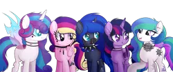 Size: 3500x1466 | Tagged: safe, alternate version, artist:angelina-pax, derpibooru import, oc, oc:angsty emocore, oc:clausa vera, oc:misanthropy melody, oc:myringa, oc:soprano shadow, unofficial characters only, alicorn, bat pony, bat pony alicorn, changeling, earth pony, pegasus, pony, unicorn, vampire, alicorn oc, band, bat pony oc, bat wings, changeling oc, chinese text, choker, clothes, commission, curved horn, fangs, female, heart, horn, horn ring, jewelry, lip piercing, look-alike, markings, messy mane, multicolored hair, necklace, nose piercing, nose ring, not cadance, not celestia, not flurry heart, not luna, not twilight sparkle, piercing, raised hoof, ring, siblings, simple background, sisters, socks, spiked choker, tattoo, transparent background, wall of tags, wing piercing, wings, wristband, ych result
