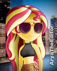 Size: 2000x2500 | Tagged: safe, artist:aryatheeditor, derpibooru import, sunset shimmer, equestria girls, aviator glasses, bacon hair, belly button, bikini, building, city, clothes, cool, cutie mark, evening, geode of empathy, magical geodes, mature, midriff, photo, sexy, sleeveless, solo, sunglasses, swimming pool, swimsuit