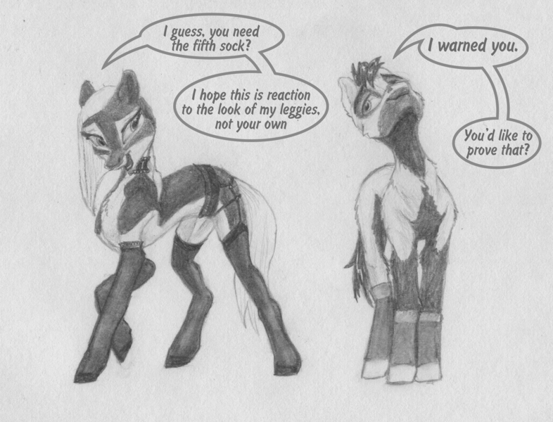 Size: 2451x1872 | Tagged: questionable, artist:joestick, derpibooru import, oc, oc:arcalia, oc:kass, earth pony, pony, blank flank, clothes, dialogue, duo, female, grayscale, male, mare, monochrome, pinto, siblings, socks, socks (coat marking), speech bubble, stallion, stockings, text, thigh highs, traditional art