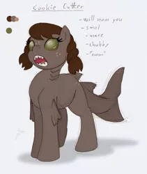 Size: 659x780 | Tagged: artist:ravenpuff, derpibooru import, female, freckles, oc, oc:cookie cutter, open mouth, original species, reference sheet, safe, shark, shark pony, sharp teeth, solo, teeth, unofficial characters only