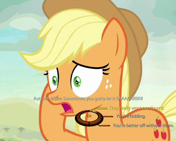 Size: 750x600 | Tagged: applejack, applejack's hat, cowboy hat, cropped, derpibooru import, dialogue wheel, edit, edited screencap, hat, implied autumn blaze, mass effect, safe, screencap, sounds of silence