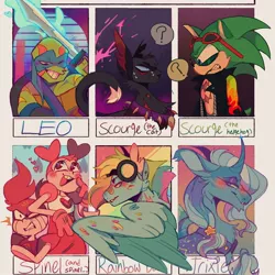 Size: 1080x1080 | Tagged: safe, artist:_lunalatte_, derpibooru import, rainbow dash, trixie, pegasus, pony, unicorn, six fanarts, clothes, goggles, katana, leonardo, rise of the teenage mutant ninja turtles, scourge, scourge the hedgehog, sonic the hedgehog (series), spinel (steven universe), steven universe, sword, teenage mutant ninja turtles, text, warrior cats, weapon