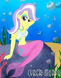 Size: 2491x3156 | Tagged: safe, artist:cyber-murph, derpibooru import, upper crust, mermaid, equestria girls, bedroom eyes, belly, belly button, coral, ear piercing, earring, eyeshadow, jewelry, makeup, mermaidized, midriff, pearl, piercing, rock, seaweed, shell bra, signature, species swap, underwater