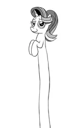 Size: 675x1200 | Tagged: safe, artist:pony-berserker, derpibooru import, starlight glimmer, pony, unicorn, female, grayscale, half-closed eyes, long glimmer, long pony, meme, monochrome, simple background, smiling, solo, upper body, white background