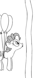 Size: 675x1200 | Tagged: safe, artist:pony-berserker, derpibooru import, pinkie pie, starlight glimmer, earth pony, pony, unicorn, balloon, duo, female, floating, grayscale, long glimmer, long pony, meme, monochrome, simple background, then watch her balloons lift her up to the sky, white background, wide eyes