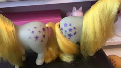 Size: 853x480 | Tagged: blue belle, cielete, comparison, cutie mark, derpibooru import, g1, irl, photo, piggy pony, safe, solo, spain, spanish, toy, variant