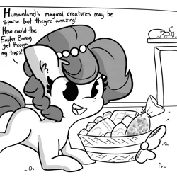 Size: 2250x2250 | Tagged: safe, artist:tjpones, derpibooru import, part of a set, oc, oc:brownie bun, unofficial characters only, earth pony, pony, horse wife, basket, dialogue, easter basket, easter egg, female, grayscale, implied richard, jewelry, mare, monochrome, necklace, pearl necklace, portal (valve), portal gun, simple background, solo, white background