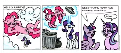 Size: 720x319 | Tagged: safe, artist:gingerfoxy, derpibooru import, pinkie pie, rarity, starlight glimmer, twilight sparkle, twilight sparkle (alicorn), alicorn, earth pony, pony, unicorn, pony comic generator, cloud, cloudy, comic, floating, garbage bin, levitation, magic, telekinesis