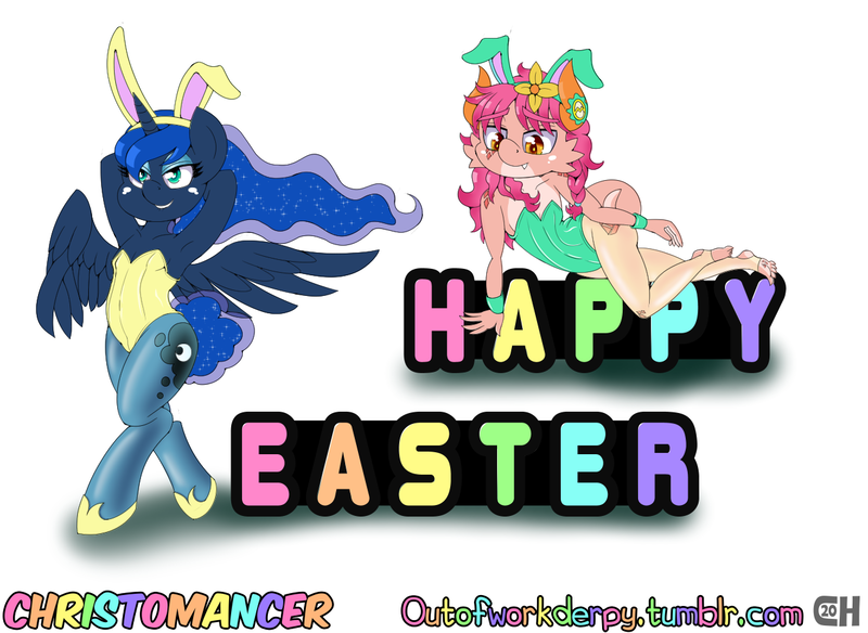 Size: 1280x935 | Tagged: safe, artist:outofworkderpy, derpibooru import, princess luna, oc, oc:parsa, alicorn, kobold, pony, armpits, brony, bunny ears, bunny suit, christomancer, clothes, costume, crossover, cuffs (clothes), easter, female, holiday, koigzist, mare, out of work derpy, outofworkderpy, princess