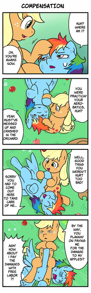 Size: 714x2274 | Tagged: safe, artist:wakyaot34, derpibooru import, applejack, rainbow dash, earth pony, pegasus, pony, appledash, comic, female, injured, japanese, lesbian, shipping, this ended in pain, translation, waking up