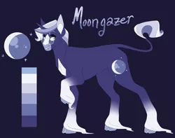 Size: 2848x2244 | Tagged: safe, artist:puppygeist, derpibooru import, oc, oc:moongazer, classical unicorn, pony, unicorn, blue background, cloven hooves, glasses, leonine tail, magical lesbian spawn, male, offspring, parent:rarity, parent:twilight sparkle, parents:rarilight, raised hoof, reference sheet, simple background, solo, stallion, unshorn fetlocks