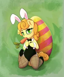 Size: 1200x1440 | Tagged: safe, artist:klemm, derpibooru import, carrot top, golden harvest, earth pony, pony, bunny ears, bunny suit, carrot, clothes, cuffs (clothes), cute, cutie top, easter, easter bunny, easter egg, female, fishnets, food, holiday, kneeling, mare, solo