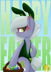 Size: 1024x1449 | Tagged: safe, artist:mimicproductions, derpibooru import, limestone pie, earth pony, pony, angry, backless, basket, bipedal, blushing, bunny ears, bunny suit, clothes, cross-popping veins, cute, ear blush, easter, easter basket, easter bunny, easter egg, female, holiday, hoof hold, hoof on hip, limabetes, limetsun pie, mare, profile, solo, tail bun, tsundere