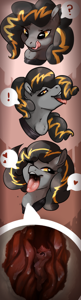 Size: 1300x4800 | Tagged: questionable, artist:daysprite, derpibooru import, oc, oc:bug-zapper, oc:daysprite, earth pony, pony, choker, comic, female, mare, mare pred, mare predator, mare prey, mawplay, mawshot, open mouth, oral vore, story in the source, swallowing, throat bulge, vore