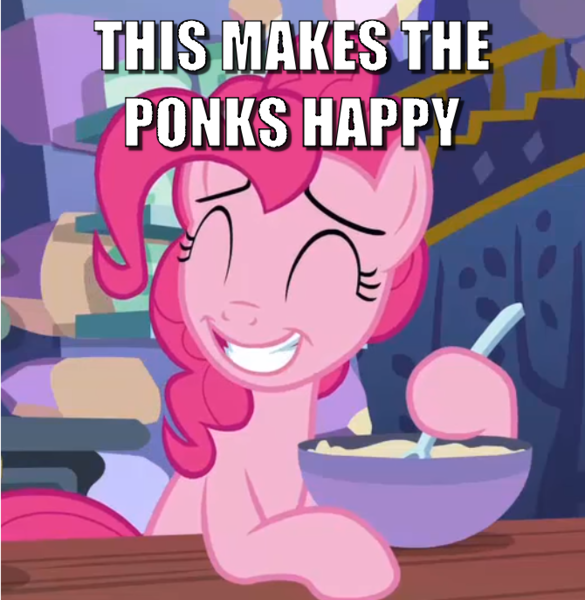 Size: 670x687 | Tagged: bowl, caption, cropped, cute, derpibooru import, diapinkes, edit, edited screencap, every little thing she does, eyes closed, image macro, meme, mixing bowl, pinkie pie, ponk, safe, screencap, smiling, solo, text