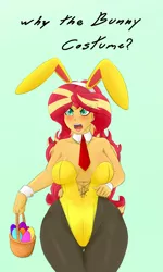 Size: 1500x2500 | Tagged: suggestive, artist:albertbm, derpibooru import, sunset shimmer, equestria girls, basket, breasts, bunny suit, cleavage, clothes, costume, easter, easter basket, easter egg, female, holiday, sexy, solo, solo female, thick, thighs, thunder thighs, wide hips