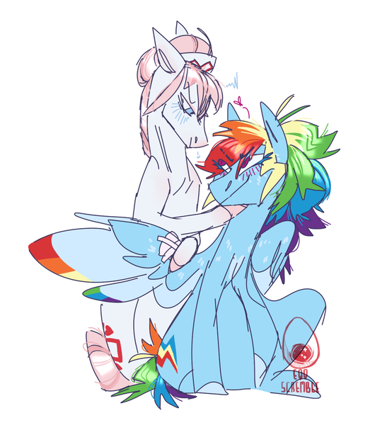 Size: 997x1144 | Tagged: safe, artist:eqq_scremble, derpibooru import, nurse redheart, rainbow dash, earth pony, pegasus, pony, backwards cutie mark, bandage, clothes, colored hooves, colored wings, colored wingtips, crack shipping, duo, female, hat, headcanon, lesbian, looking at each other, nurse hat, rainheart, shipping, simple background, wings