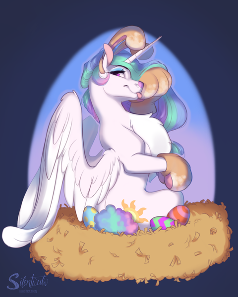 Size: 1200x1500 | Tagged: safe, artist:silentwulv, derpibooru import, princess celestia, alicorn, pony, :p, animal costume, bunny costume, bunny ears, bunny suit, bunnylestia, chest fluff, clothes, costume, cute, cutelestia, easter, easter bunny, easter egg, female, holiday, mare, nest, sitting, solo, tongue out