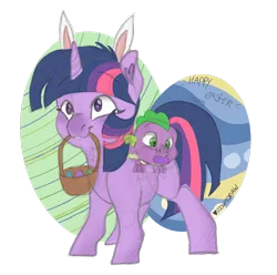 Size: 1280x1268 | Tagged: safe, artist:poowndraww, derpibooru import, spike, twilight sparkle, dragon, pony, unicorn, baby, baby spike, basket, blank flank, bunny ears, cute, duo, ear fluff, easter, easter basket, easter bunny, easter egg, female, filly, filly twilight sparkle, holiday, male, mouth hold, smiling, sparkle siblings, spikabetes, twiabetes, unicorn twilight, younger