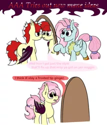 Size: 2566x3000 | Tagged: safe, artist:aaathebap, derpibooru import, kerfuffle, oc, oc:aaaaaaaaaaa, bat pony, pegasus, pony, rainbow roadtrip, bat pony oc, bat wings, butt, comic, duo, ear fluff, fangs, female, male, mane, mane styling, mare, mirror, stallion, wings