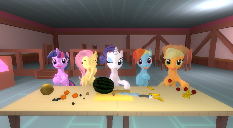 Size: 1280x702 | Tagged: safe, artist:didgereethebrony, derpibooru import, applejack, fluttershy, rainbow dash, rarity, twilight sparkle, twilight sparkle (alicorn), alicorn, earth pony, pegasus, pony, unicorn, 3d, apple, banana, blueberry, cutting board, food, fruit, fruit salad, gmod, grapes, kiwi fruit, knife, looking at you, orange, salad, table, the wiggles, watermelon, yummy