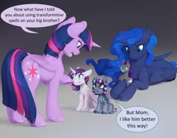 Size: 1470x1155 | Tagged: safe, artist:silfoe, derpibooru import, princess luna, twilight sparkle, twilight sparkle (alicorn), oc, oc:eventide glisten, oc:pterus, oc:twilight dapple, alicorn, bat pony, pony, unicorn, adopted offspring, age regression, alicorn oc, alternate universe, alternate universe of an alternate universe, angry, argument, bat pony oc, bat wings, colt, cute, dappled, dialogue, eye contact, eyeroll, female, filly, floppy ears, foal, frown, glare, gradient background, gray background, horn, lesbian, looking at each other, looking up, magic abuse, magic practice, magical lesbian spawn, male, mare, maternaluna, missing accessory, offspring, open mouth, pacifier, parent:princess luna, parent:twilight sparkle, parents:twiluna, pointing, prone, raised hoof, shipping, siblings, silfoe is trying to murder us, simple background, sitting, smiling, speech bubble, spell gone wrong, story included, transformation, twiluna, underhoof, wings