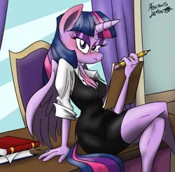 Size: 833x822 | Tagged: alicorn, anthro, artist:fractiouslemon, book, breasts, busty twilight sparkle, clipboard, derpibooru import, desk, female, lidded eyes, looking at you, mare, office, pencil, stupid sexy twilight, suggestive, twilight sparkle, twilight sparkle (alicorn)