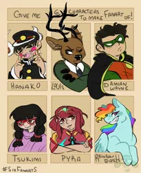 Size: 2500x3050 | Tagged: safe, artist:minteakat, derpibooru import, rainbow dash, anthro, deer, human, pegasus, pony, reindeer, six fanarts, anthro with ponies, antlers, batman, beastars, bust, clothes, costume, crossed arms, crossover, damian wayne, dc comics, female, glasses, grin, hanako, male, mare, mask, out of frame, pyra, robin, smiling, toilet-bound hanako-kun, xenoblade chronicles 2
