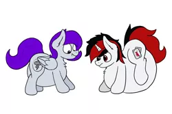 Size: 3000x2005 | Tagged: safe, artist:aaathebap, derpibooru import, oc, oc:blackjack, oc:morning glory (project horizons), unofficial characters only, pegasus, pony, unicorn, fallout equestria, fallout equestria: project horizons, belly, big belly, chest fluff, cute, dashite, duo, ear fluff, fanfic art, female, huge belly, inflation, lip bite, simple background, white background